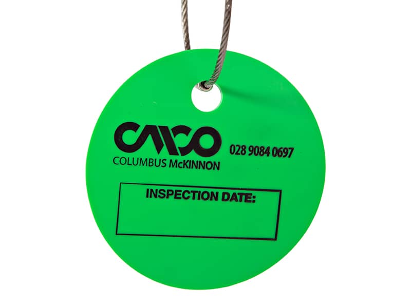 green metal equipment identification tags, equipment asset tags, equipment barcode tags, equipment inspection labels