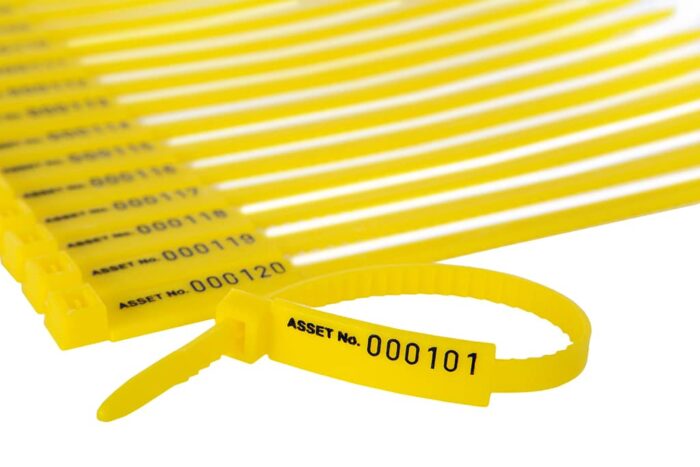 yellow asset ziptag, asset management tag, barcode tag, tamper proof, heavy duty